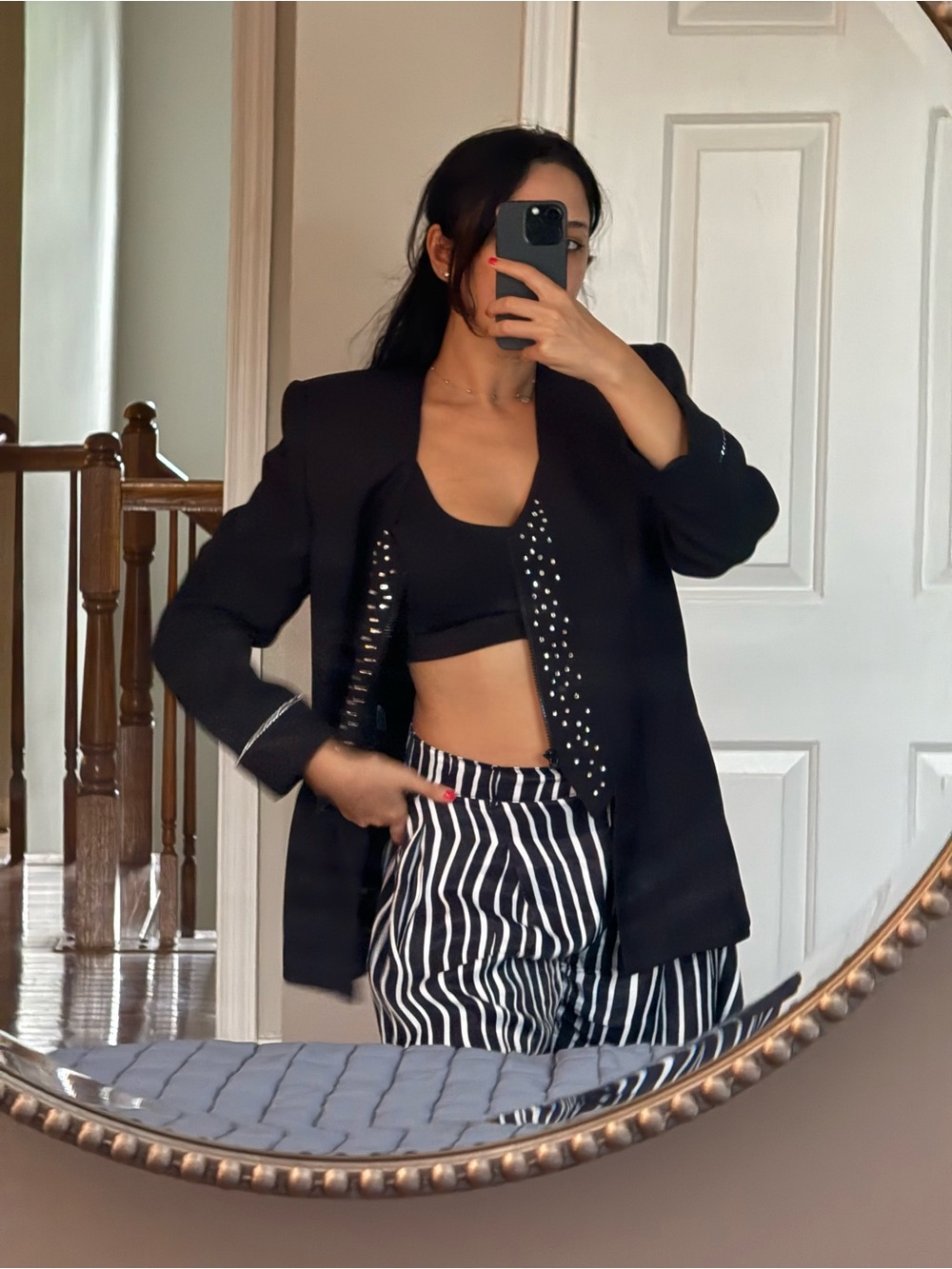 Black Stud-Trim Women's Blazer Jacket